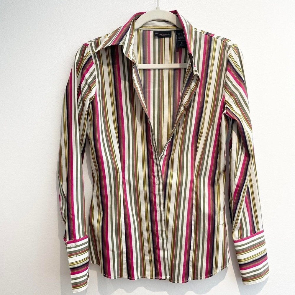 New York & Company Multicolor Striped Button Down Shirt Cotton/Raylon Blend